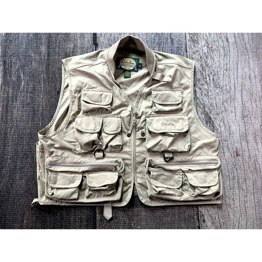Cabelas Vest Mens Large Khaki Beige Tan Fly Fishing Willow Creek Hunting Zip Up